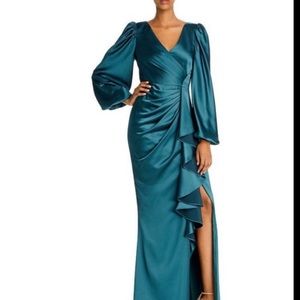 NWT Aidan Mattox Draped Satin Balloon - Sleeve Gown in Forest Green SZ 4.